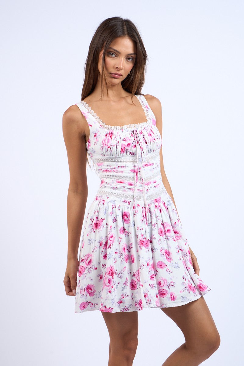 BERRY FLORAL SQUARE NECK LACE TRIM MINI DRESS