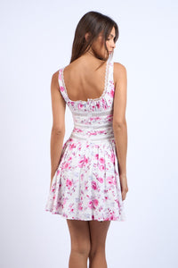 BERRY FLORAL SQUARE NECK LACE TRIM MINI DRESS