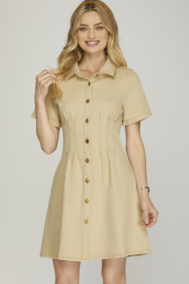 PLEATED WAIST BUTTON DOWN STRETCH WOVEN DRESS