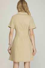 PLEATED WAIST BUTTON DOWN STRETCH WOVEN DRESS