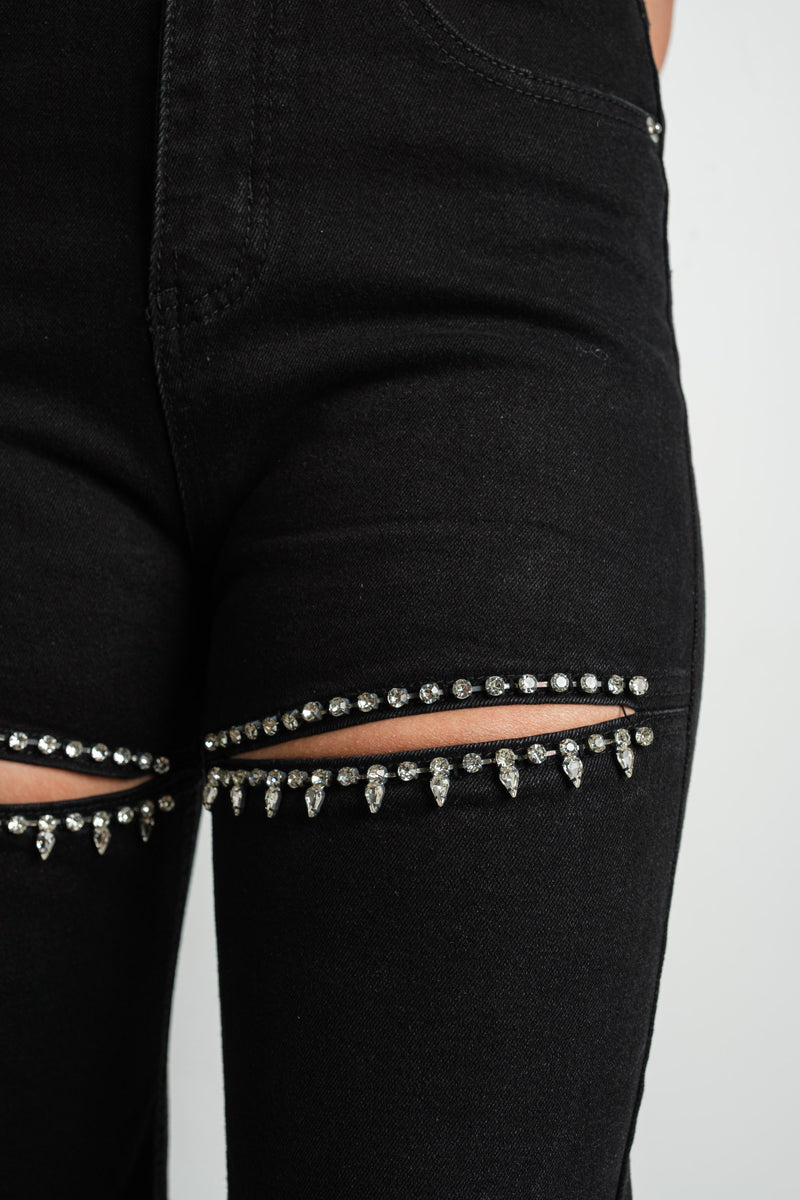 Rhinestone embellished Cutout denim pants