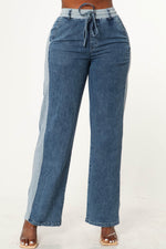 DENIM MIX HIGH WAIST SWEAT PANT WITH DRAWSTRING