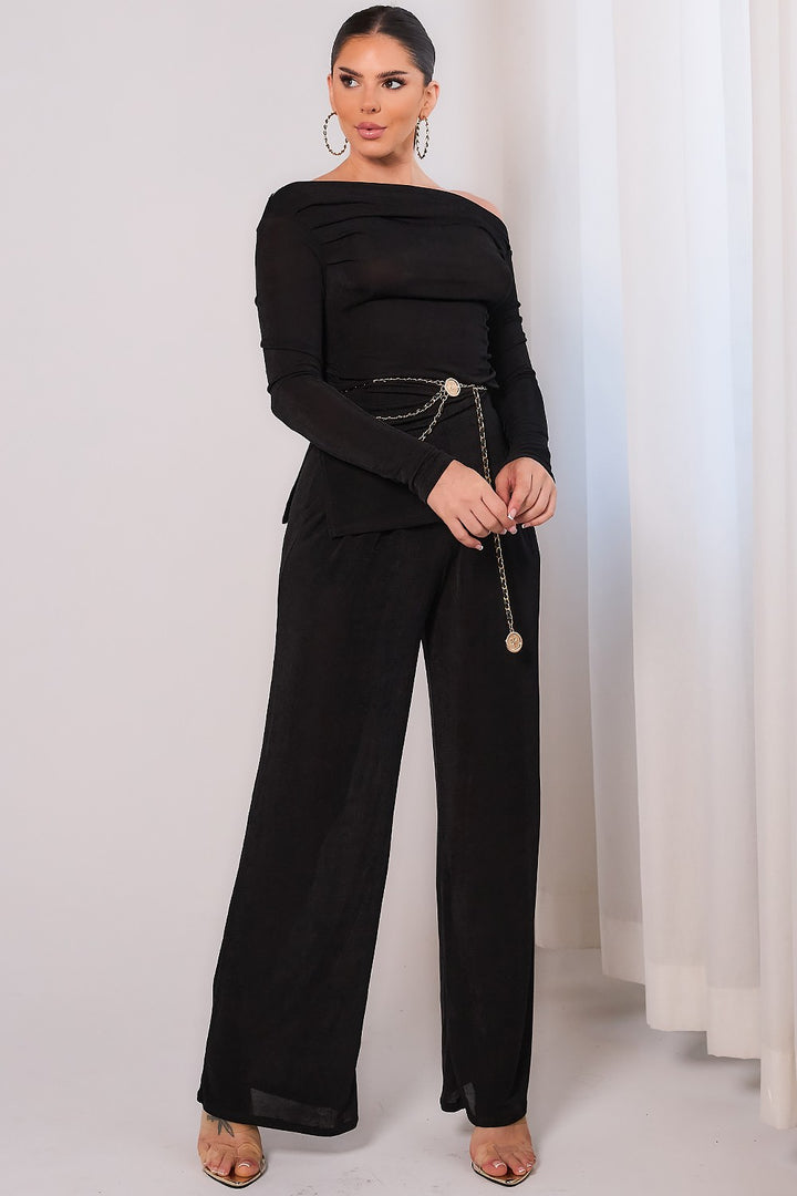 Elastic long sleeve top & pants set black