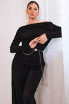 Elastic long sleeve top & pants set black