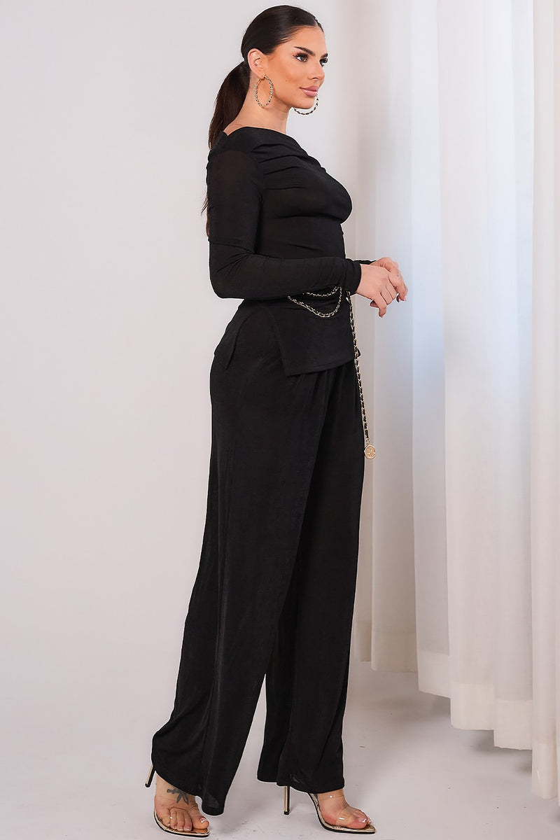 Elastic long sleeve top & pants set black