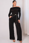 Elastic long sleeve top & pants set black