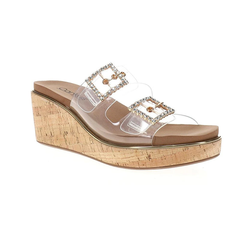 Clear Strap Wedge Sandals with Rhinestone Buckles - Cork Heel