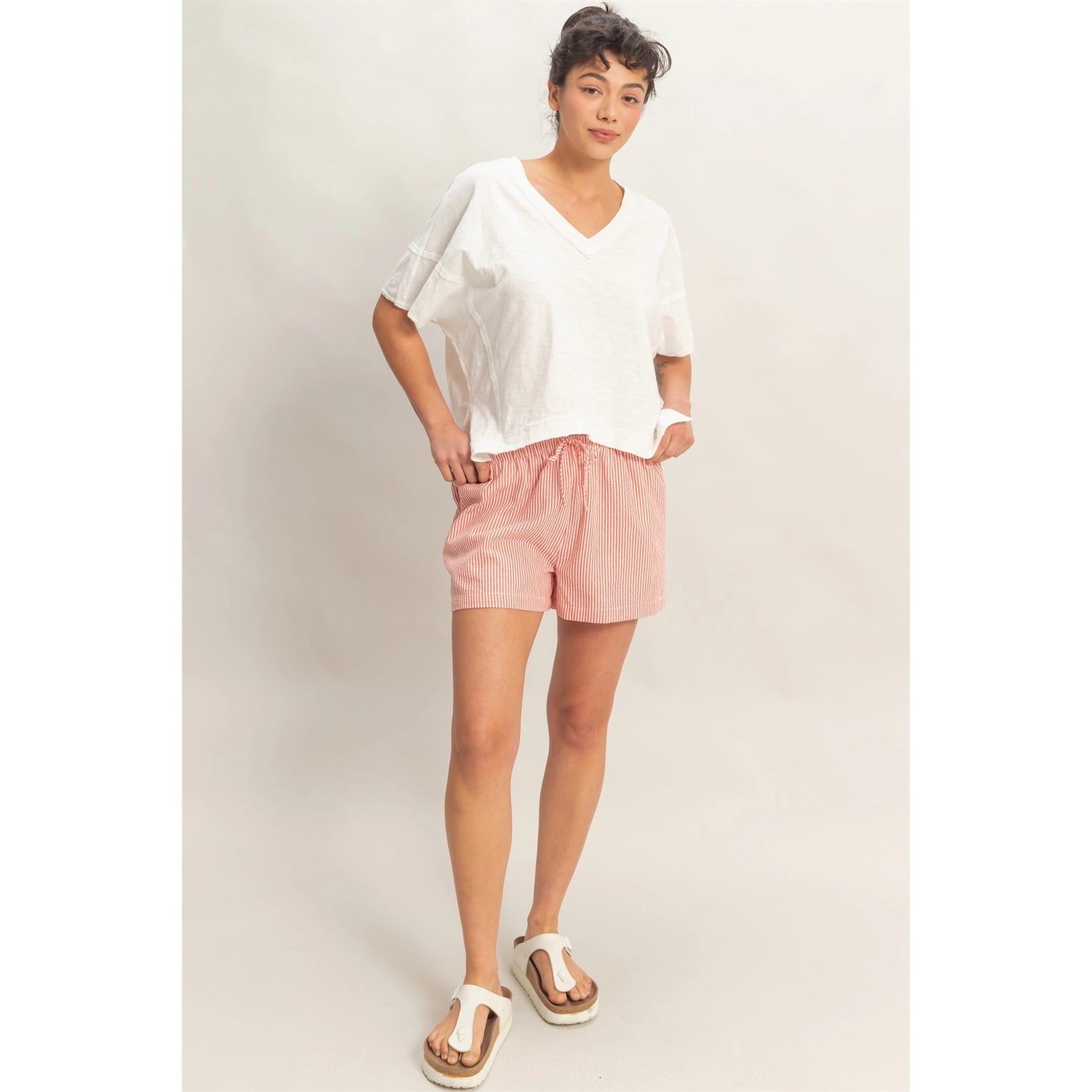 White Relaxed Fit Cropped V Neck Tee