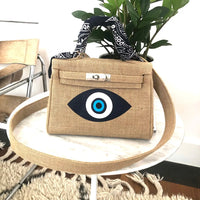 Evil Eye Burlap Top Handle Bag with Scarf Wrap and Crossbody Strap