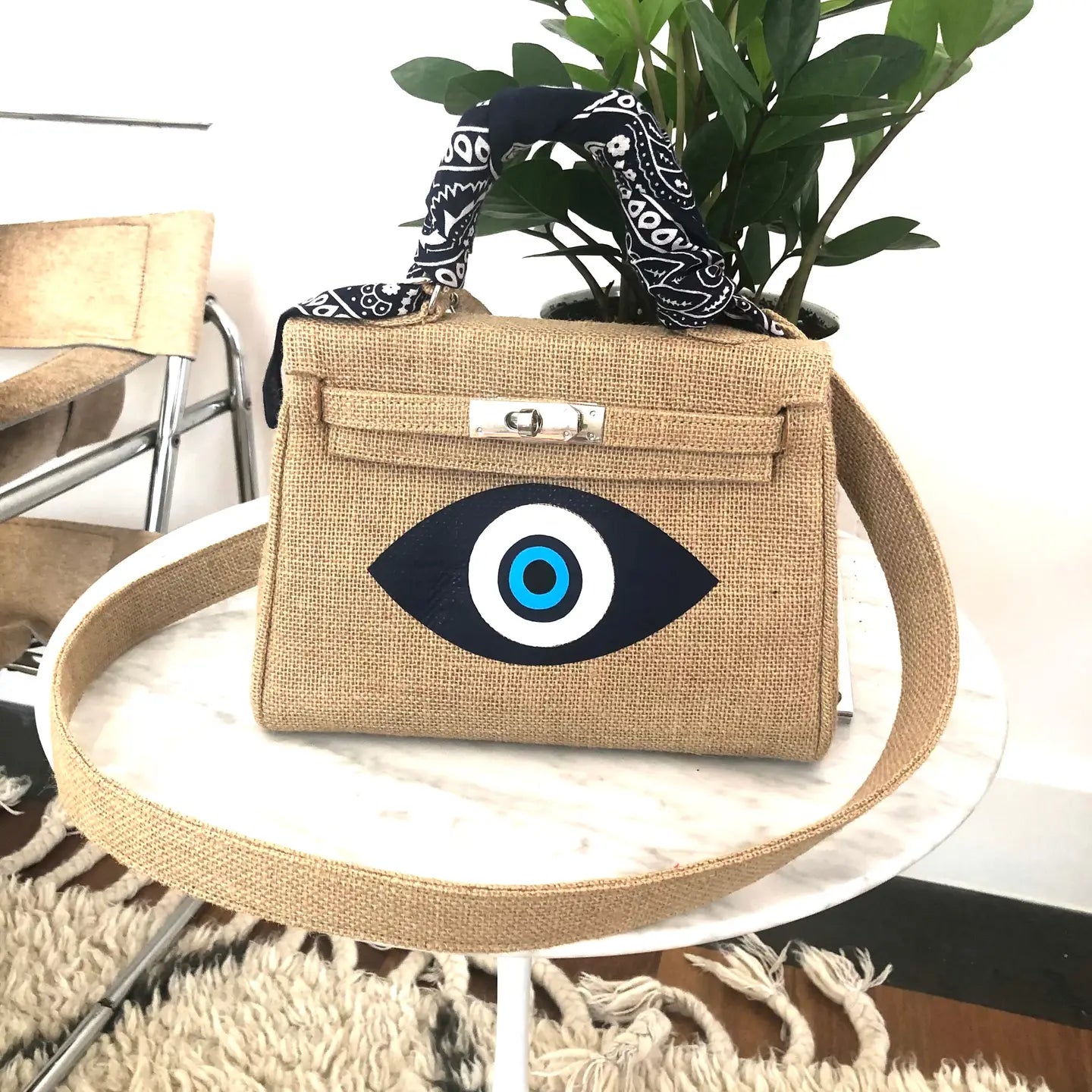 Evil Eye Burlap Top Handle Bag with Scarf Wrap and Crossbody Strap