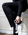Black Galaxy Print Wide-Leg Pants with Side Zipper Detail