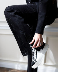 Black Galaxy Print Wide-Leg Pants with Side Zipper Detail