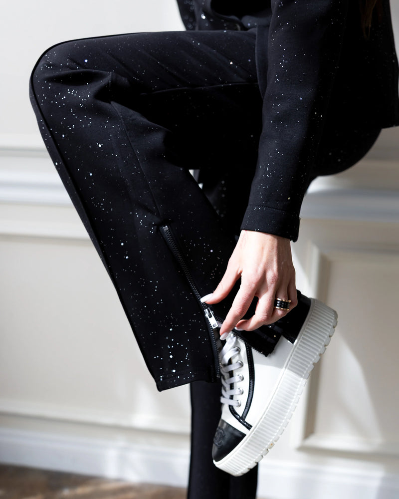Black Galaxy Print Wide-Leg Pants with Side Zipper Detail