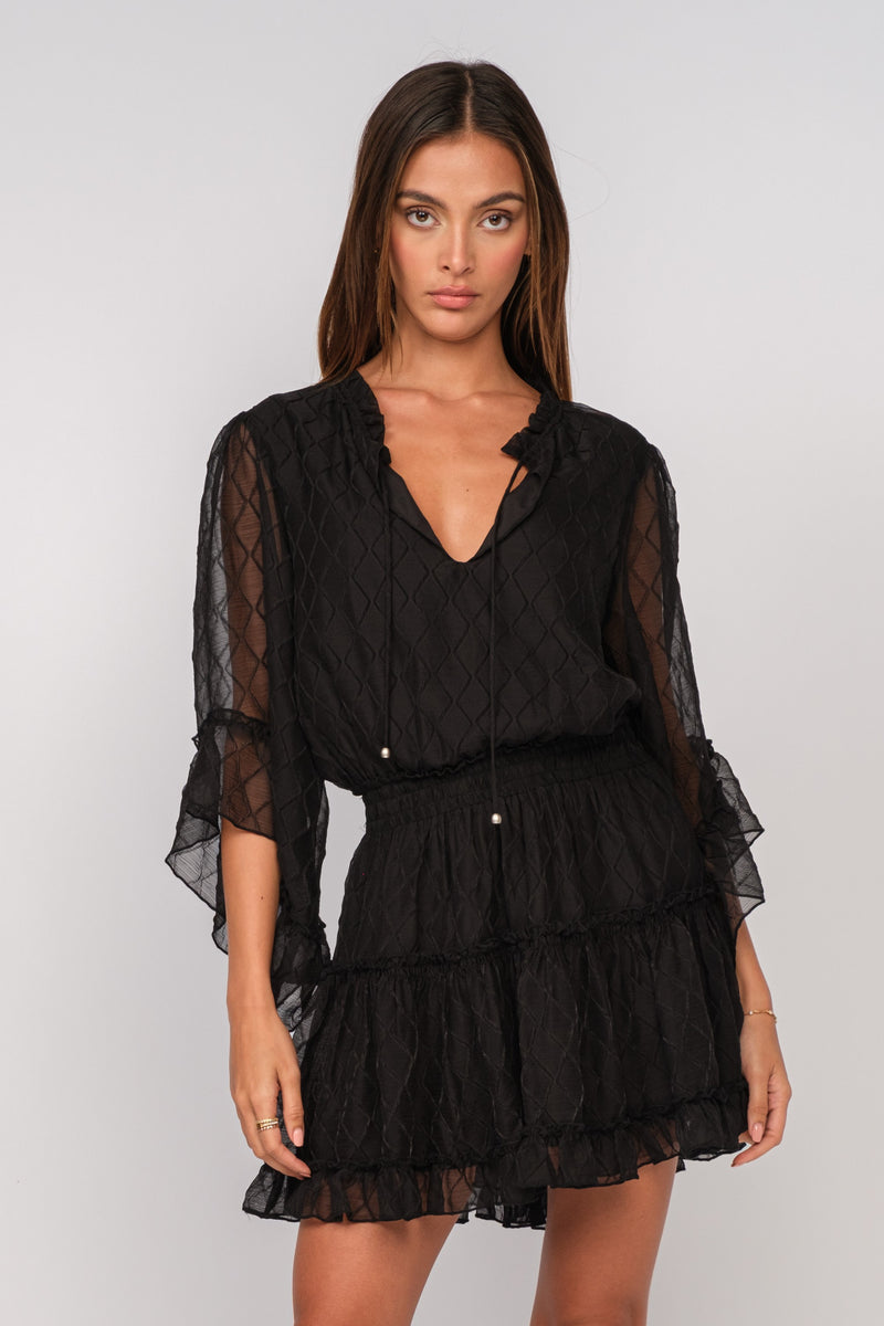 SHEER FLARE SLEEVE RUFFLE TIERED MINI DRESS