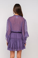 SHEER FLARE SLEEVE RUFFLE TIERED MINI DRESS PURPLE