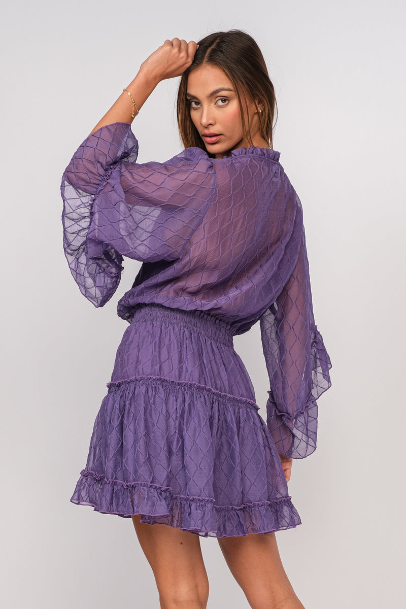 SHEER FLARE SLEEVE RUFFLE TIERED MINI DRESS