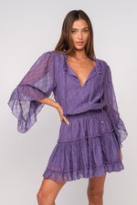 SHEER FLARE SLEEVE RUFFLE TIERED MINI DRESS PURPLE