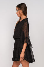 SHEER FLARE SLEEVE RUFFLE TIERED MINI DRESS