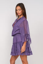 SHEER FLARE SLEEVE RUFFLE TIERED MINI DRESS PURPLE