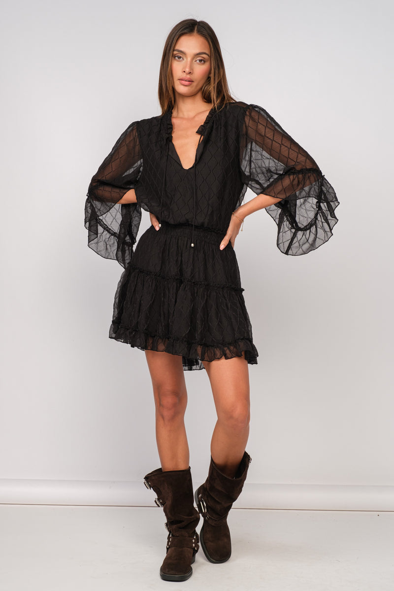 SHEER FLARE SLEEVE RUFFLE TIERED MINI DRESS