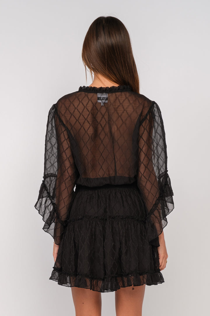 SHEER FLARE SLEEVE RUFFLE TIERED MINI DRESS BLACK