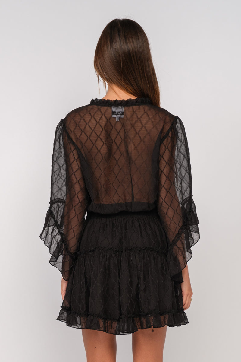 SHEER FLARE SLEEVE RUFFLE TIERED MINI DRESS