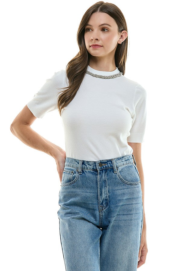 BRAIDED COLLAR SHORT SLEEVE SWEATER