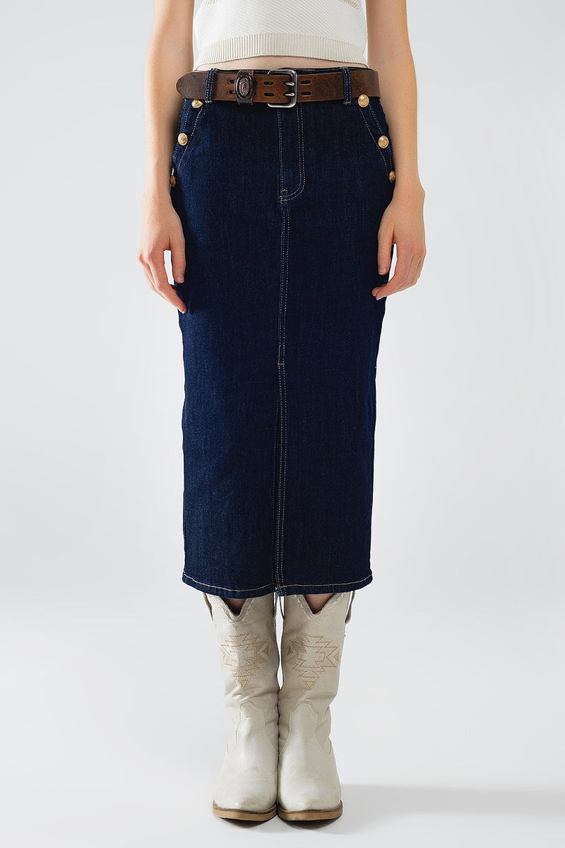 DENIM SKIRT WITH FRONT SLIT AND GOLD BUTTONS