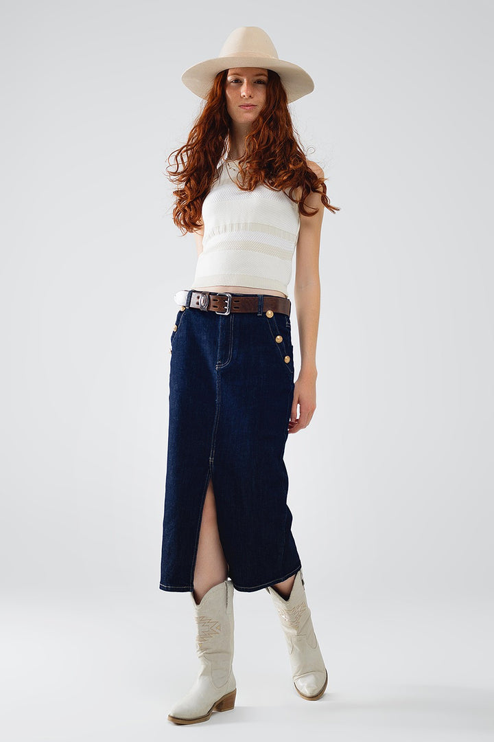 DENIM SKIRT WITH FRONT SLIT AND GOLD BUTTONS