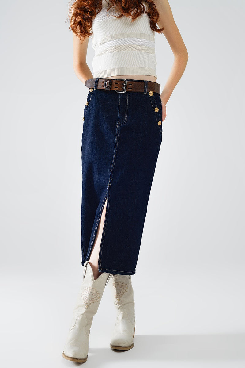 DENIM SKIRT WITH FRONT SLIT AND GOLD BUTTONS