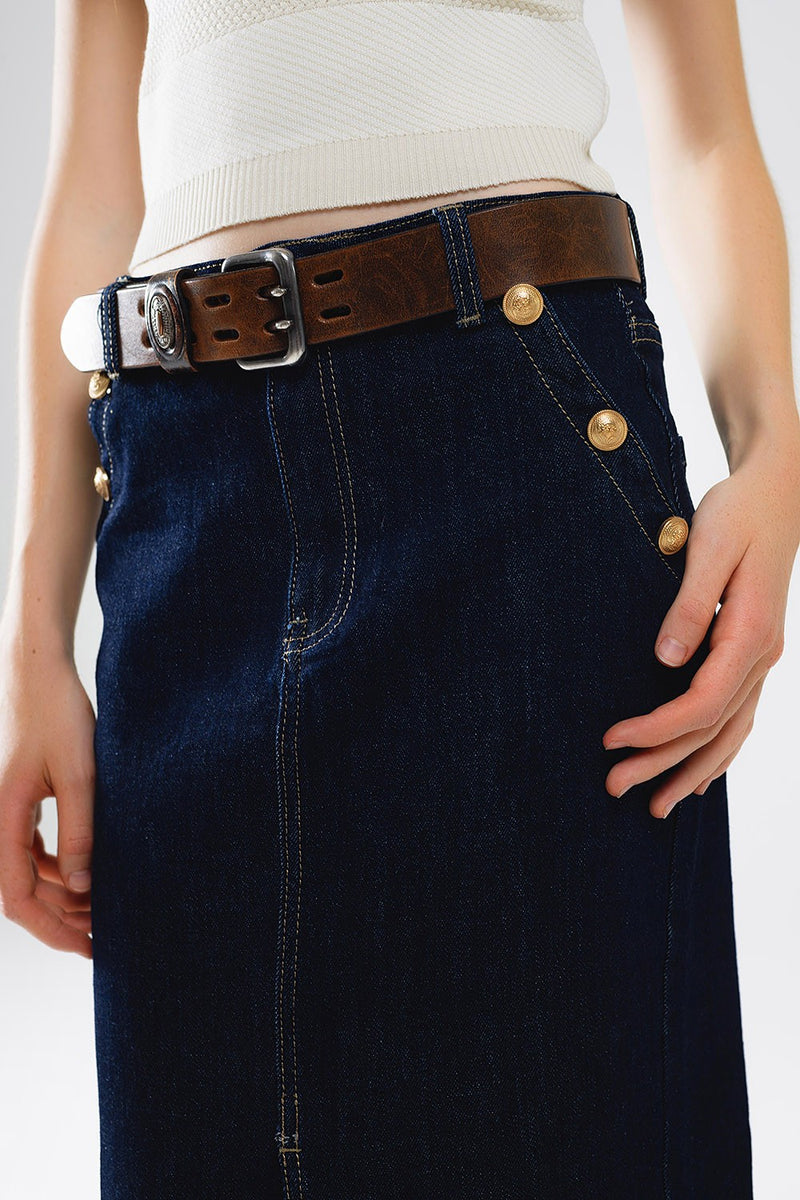 DENIM SKIRT WITH FRONT SLIT AND GOLD BUTTONS