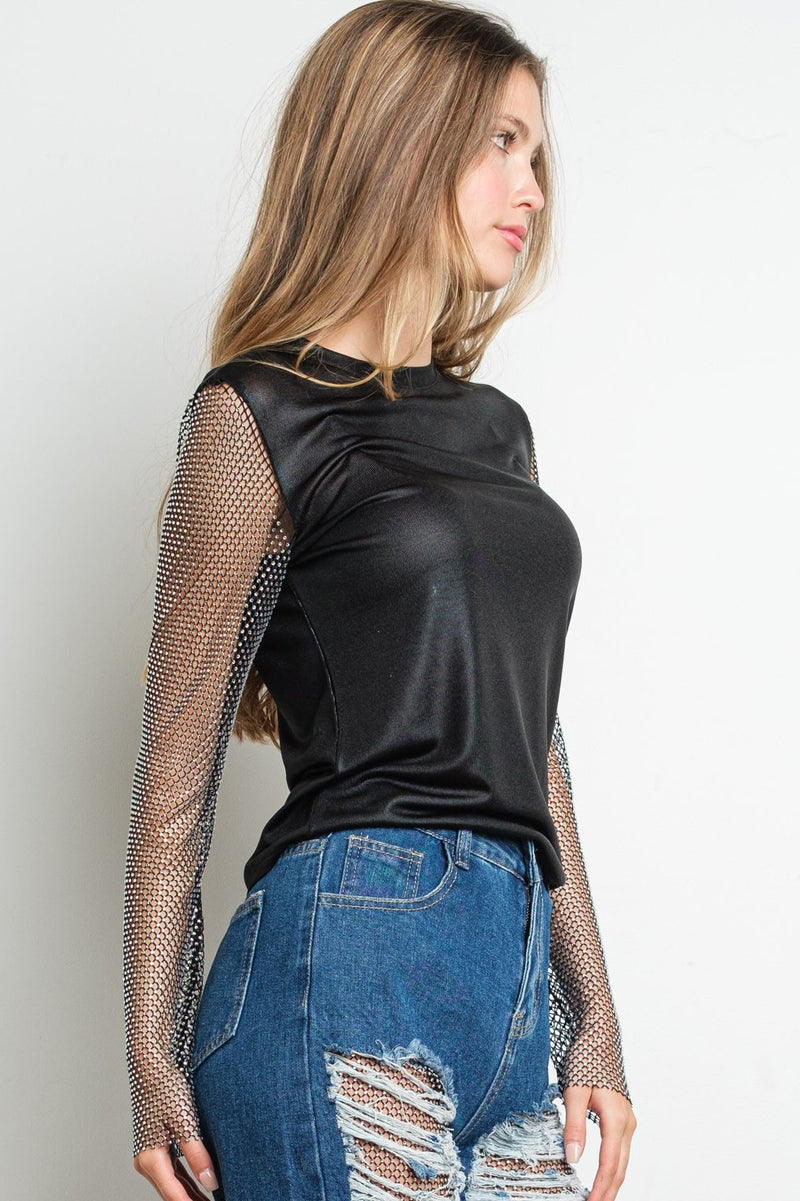 Metallic Crystal Mesh Long Sleeve Top