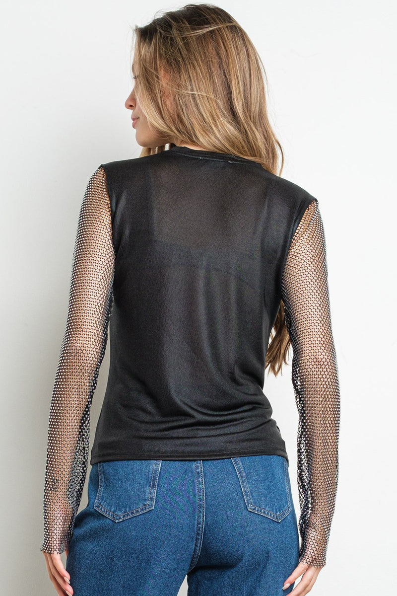 Metallic Crystal Mesh Long Sleeve Top