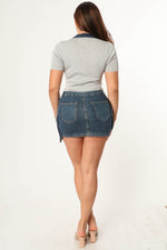 DENIM & KNIT ZIP UP CARGO MINI DRESS WITH COLLAR