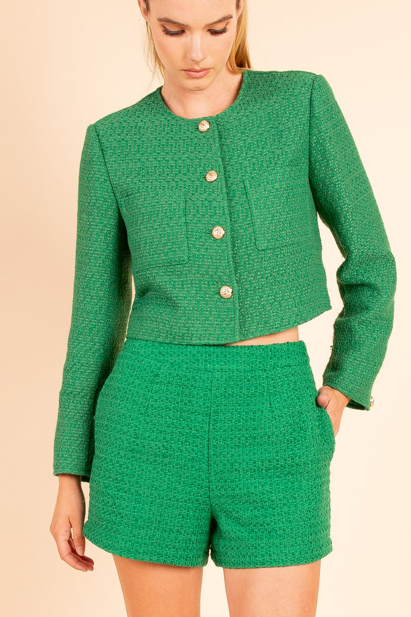 Emerald Tweed Cropped Jacket