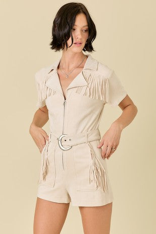 FRINGE DETAIL SUEDE ROMPER WITH BELT METAL BUCKLE