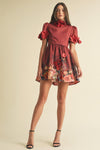 Floral Embellished High-Neck Mini Dress in Red