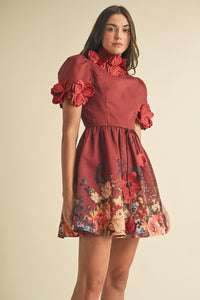 Floral Embellished High-Neck Mini Dress in Red