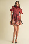 Floral Embellished High-Neck Mini Dress in Red