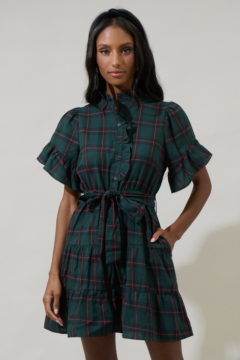 Plaid Cottonwood Ruffle Button Mini Dress