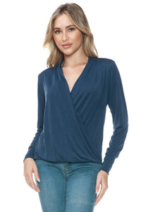 Navy Long Sleeve Surplice Wrap Top