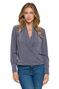 Gray Long Sleeve Surplice Wrap Top