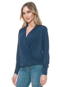 Navy Long Sleeve Surplice Wrap Top