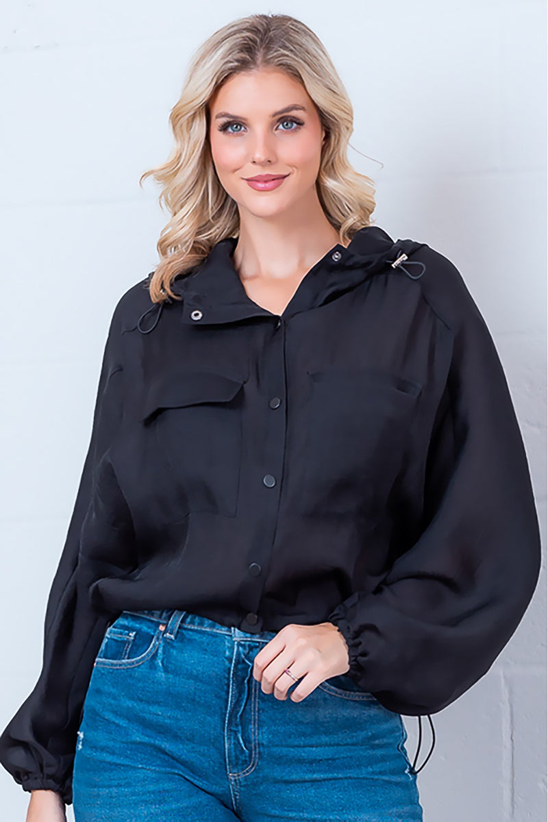 Sheer Black Hooded Drawstring Windbreaker Jacket