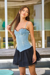 HALF DENIM HALF BLACK-IVORY LACE TRIM MINI DRESS