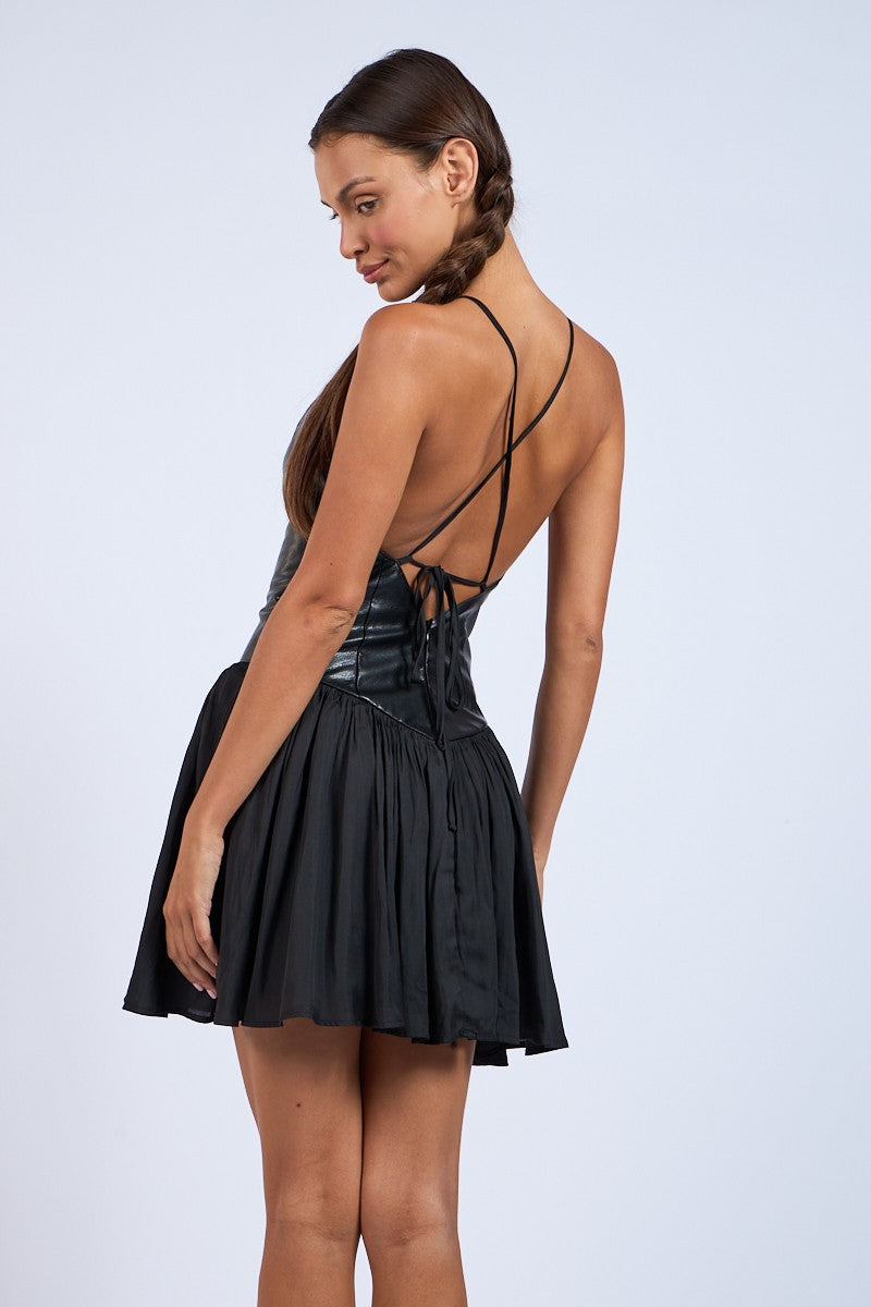 HALF LEATHER HALF BLACK DROP-WAIST MINI DRESS