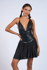 HALF LEATHER HALF BLACK DROP-WAIST MINI DRESS