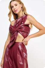 One-Shoulder Knotted Twist Faux Leather Crop Top