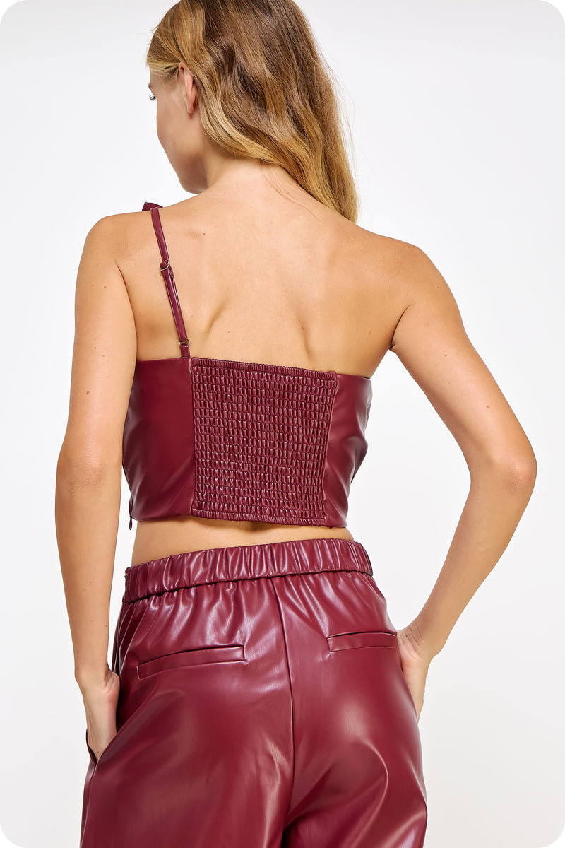 One-Shoulder Knotted Twist Faux Leather Crop Top