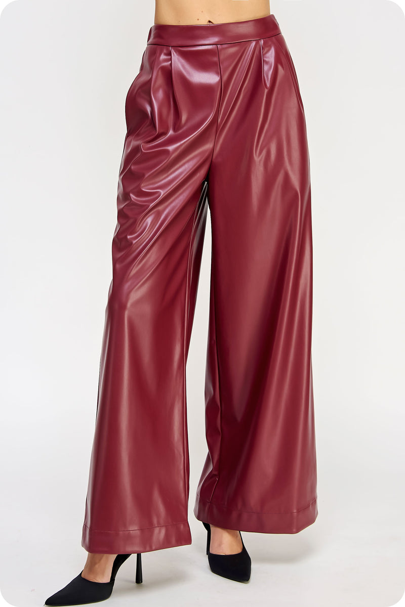 Pleated Details Wide-Legs Vegan Leather Pants